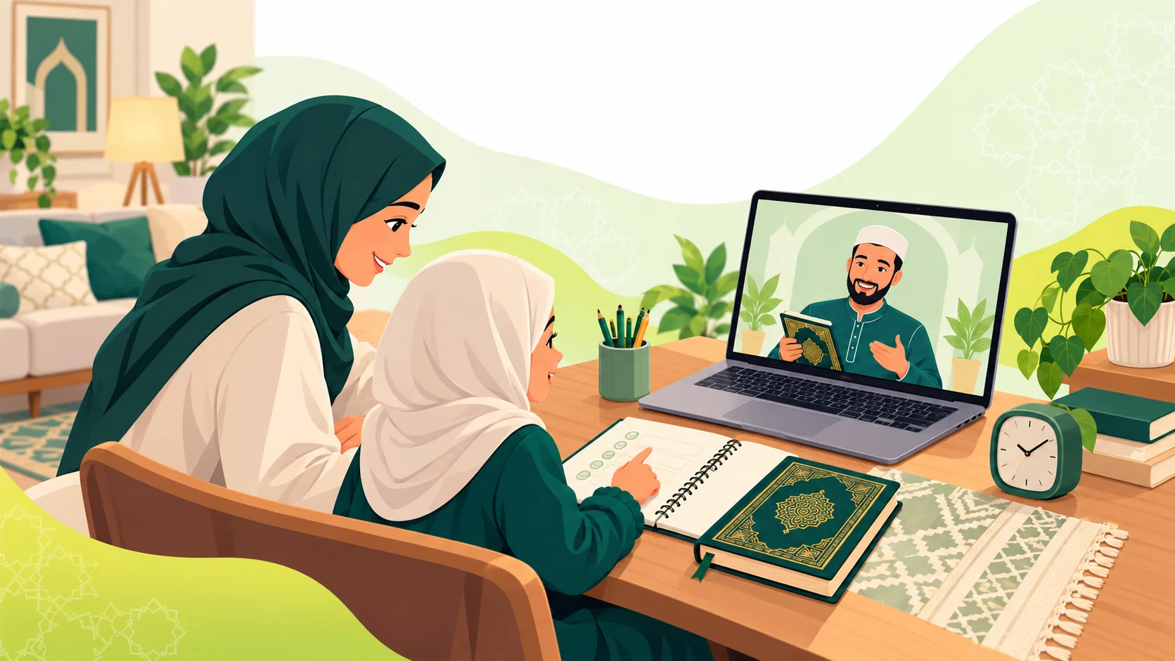 Quran Online Classes For Kids in the United Kingdom: illustration of a child practising Quran reading with parent support and an online Quran tutor