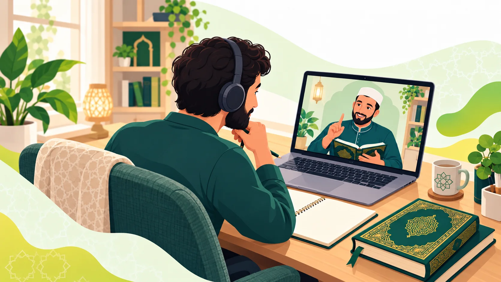Quran Reading Classes Online in the United Kingdom: illustration of a learner building Quran reading foundations in a guided online lesson